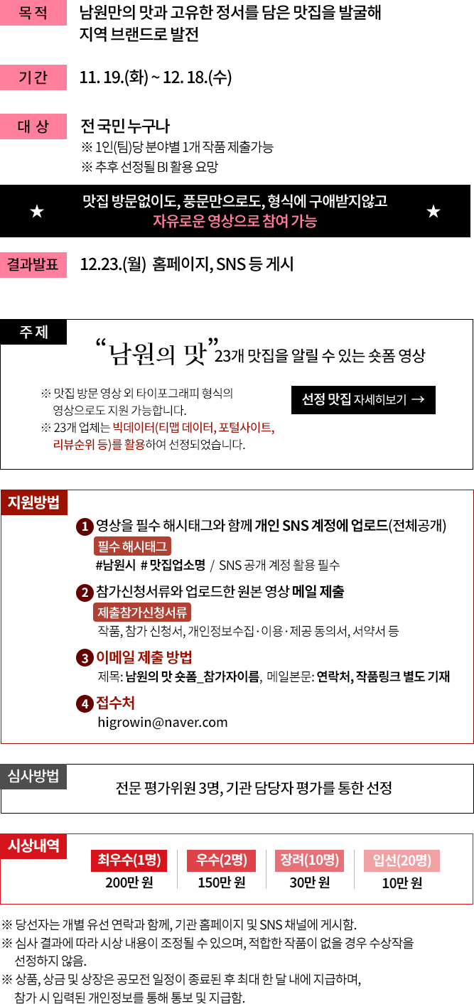 
					기간 : 11. 19.(화) ~ 11. 28.(목)

					대상 : 전 국민 누구나
					※ 1인(팀)당 분야별 1개 작품 제출가능  ※ 추후 선정될 BI 활용 요망

					규격 : 확장자 MP4 / 해상도 1080p / 음질 320kps / 세로형 / 1GB / 30초 이하

					결과발표 : 12.10.(화) 홈페이지, SNS 등 게시

					주제 : 남원의 맛 23개 맛집을 알릴 수 있는 숏폼 영상
					※ 23개 업체는 빅데이터(티맵 데이터, 포털사이트, 리뷰순위 등)를 활용하여 선정되었습니다.

					지원방법 :
					 1. 영상을 필수 해시태그와 함께 개인 sns 계정에 업로드(전체공개)
					 - 필수해시태그 : #남원시 # 맛집업소명 / SNS 공개 계정 활용 필수
					2. 참가신청서류와 업로드한 원본 영상 메일 제출
					- 참가신청서류 : 작품, 참가 신청서, 개인정보 수집·이용·제공 동의서, 서약서 등
					- 이메일 제출방법 :
					제목: 남원의 맛 숏폼_참가자이름,  메일본문: 연락처, 작품링크 별도 기재
					- 접수처 : higrowin@naver.com

					심사방법 : 전문 평가위원 3명, 기관 담당자 평가를 통한 선정

					시상내역 :
					- 최우수(1명) 200만 원
					- 우수(2명) 150만 원
					- 장려(10명) 30만 원
					- 입선(20명) 10만 원

					※ 당선자 개별 유선 연락, 기관 홈페이지 및 SNS채널 게시
					※ 심사결과에 따라 시상내용은 조정될 수 있으며, 적합한 작품이 없을 경우 수상작을 선정하지 않을 수 있음
					※ 상품,상금 및 상장 지급은 공모전 일정 종료 후 지급하고 최대 한달이 소요될 수 있으며,
					참가 시 입력한 개인정보를 통해 통보 및 지급함
					